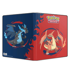 The 9-Pocket Portfolio for the Pokemon Trading Card Game features a vibrant, full-art cover of Mega Charizard X and Mega Charizard Y. Each portfolio stores and protects 180 standard size cards in 10 archival-safe pages. Made in California, U.S.A.