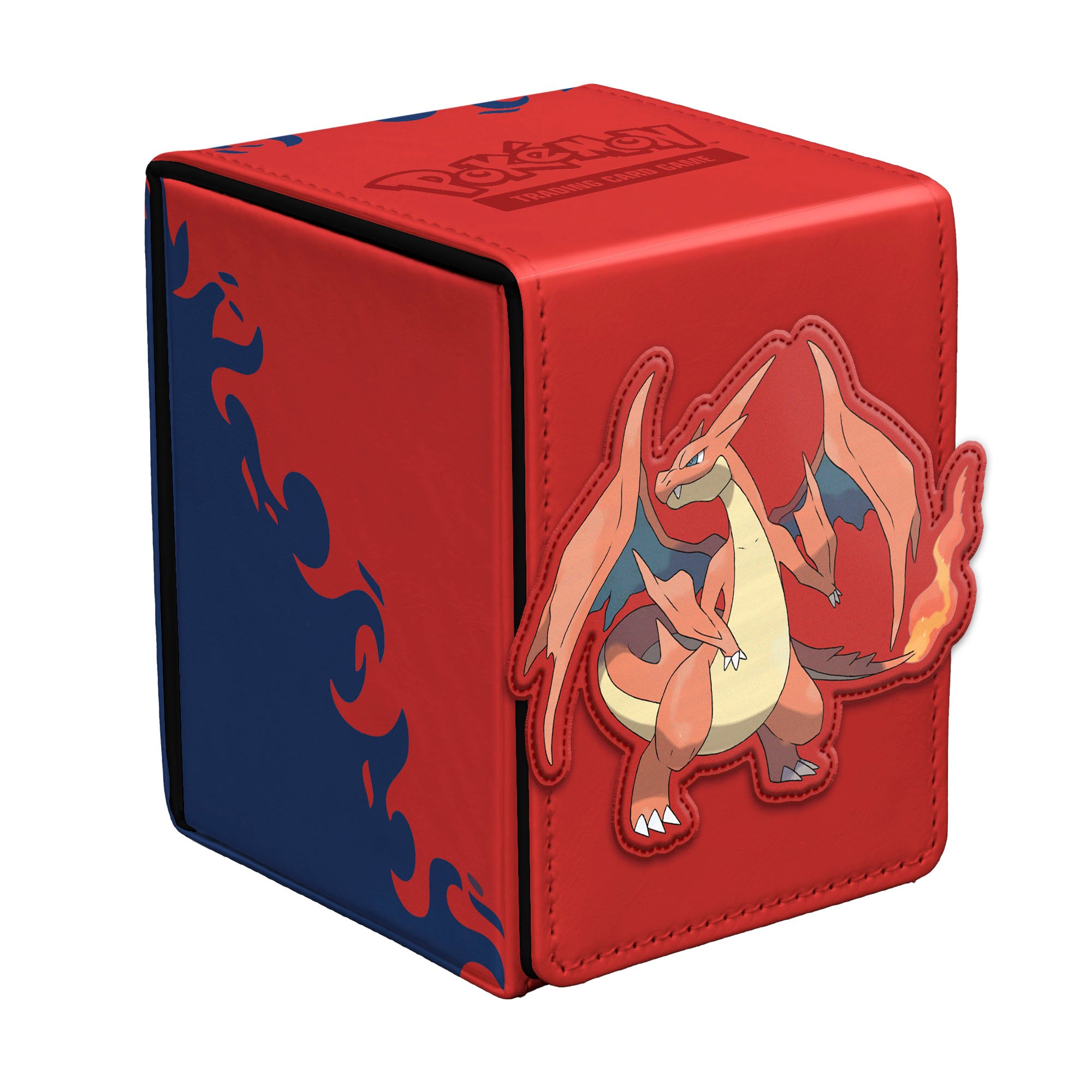 The Alcove Flip Deck Box for the Pokemon Trading Card Game features vibrant, full-color artwork of Mega Charizard Y on a multi-layer leatherette finish, with a strong magnetic closure, and dual thumb notches for easy access to your deck. This Deck Box holds up to 100 standard-size trading cards double-sleeved in Ultra PRO Deck Protector sleeves.