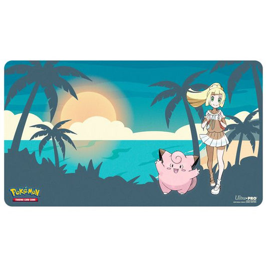 The playmat for the Pokemon Trading Card Game features vibrant, full-color artwork of Lillie and Clefairy. Made with a soft fabric top, playmats provide a safe gameplay surface, and a non-slip rubber backing keeps the playmat in place. With dimensions of approximately 24 in. x 13.5 in., a playmat also makes an excellent oversize mousepad for home or office.