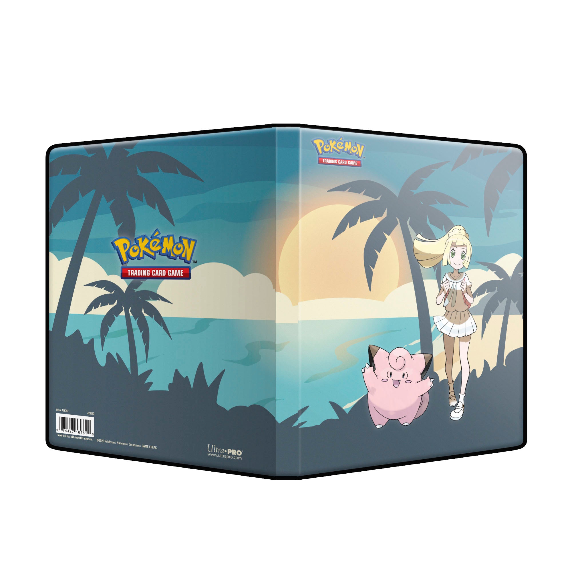 The 4-Pocket Portfolio for the Pokemon Trading Card Game features a vibrant, full-art cover of Lillie and Clefairy. Each portfolio stores and protects 80 standard size cards and 4 oversized cards in archival safe pages. Made in California, U.S.A.