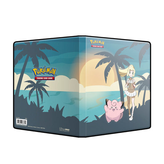 The 4-Pocket Portfolio for the Pokemon Trading Card Game features a vibrant, full-art cover of Lillie and Clefairy. Each portfolio stores and protects 80 standard size cards and 4 oversized cards in archival safe pages. Made in California, U.S.A.