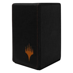Ultra introduces the Mythic edition, its most premium accessories for Magic: The Gathering. This Alcove Tower deck box features a black leatherette material with a mythic orange embroidered Planeswalker symbol and matching stitching. It holds up to 100 standard-size double-sleeved trading cards. Made with durable, high-quality materials and features a strong magnetic lock to securely store your deck. Features dual thumb notches for easy access and has a bottom compartment for dice, coins, or other small gam