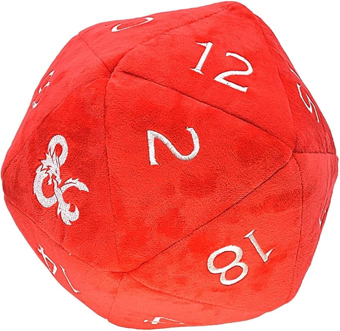 Make your next saving throw safely with the official Dungeons & Dragons Jumbo Plush Dice! Made with an ultra-soft, fuzzy red fabric with stitched white numbers, this D20 is soft enough to cuddle during a long rest. Measuring approximately 10 inches in diameter, with reinforced felt backing to help the die retain its shape, this stuffed toy is great for kids and adults alike! Officially licensed Red and White Plush D20 for Dungeons & Dragons Approximately 10 in. diameter Made with ultra-soft, fuzzy fabric wi