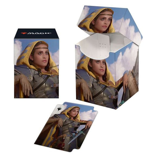 The 100+ Deck Box features vibrant, full-color artwork from Magic: The Gathering and includes a matching deck divider. Made with archival-safe, non-PVC, rigid polypropylene materials, you can store up to 100 double-sleeved cards with confidence. The self-locking lid keeps your cards securely stored when not in use, while also offering easy access. Sized for standard size trading cards.