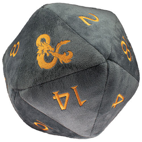 Make your next saving throw safely with the official Dungeons & Dragons Jumbo Plush Dice! Made with an ultra-soft, fuzzy grey fabric with stitched orange numbers, this D20 is soft enough to cuddle during a long rest. Measuring approximately 10 inches in diameter, with reinforced felt backing to help the die retain its shape, this stuffed toy is great for kids and adults alike!