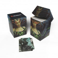 100+ Deck Boxes for Magic: The Gathering feature a vibrant, full-color artwork and includes a deck divider. Made with archival-safe, non-PVC, rigid polypropylene materials, you can store up to 100 double-sleeved cards with confidence. The self-locking lid keeps your cards securely stored when not in use, while also offering easy access. Sized for standard size trading cards.