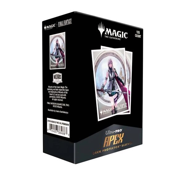 The 105ct APEX Deck Protector sleeves for Magic: The Gathering(R) --- FINAL FANTASY feature vibrant Final Fantasy - Universes Beyond art from the trading card game. Archival-safe polypropylene materials ensure you can sleeve your cards with confidence. Sized for standard size trading cards measuring 2.5 in. x 3.5 in. The gloss clear front lets your foil cards shine!