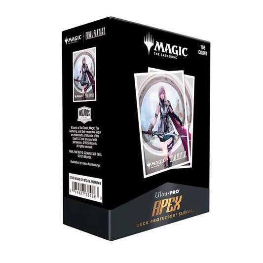 The 105ct APEX Deck Protector sleeves for Magic: The Gathering(R) --- FINAL FANTASY feature vibrant Final Fantasy - Universes Beyond art from the trading card game. Archival-safe polypropylene materials ensure you can sleeve your cards with confidence. Sized for standard size trading cards measuring 2.5 in. x 3.5 in. The gloss clear front lets your foil cards shine!