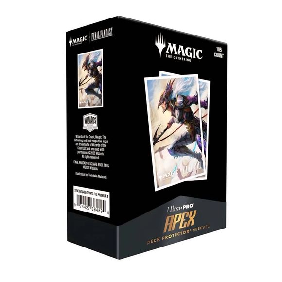 The 105ct APEX Deck Protector sleeves for Magic: The Gathering(R) --- FINAL FANTASY feature vibrant Final Fantasy - Universes Beyond art from the trading card game. Archival-safe polypropylene materials ensure you can sleeve your cards with confidence. Sized for standard size trading cards measuring 2.5 in. x 3.5 in. The gloss clear front lets your foil cards shine!