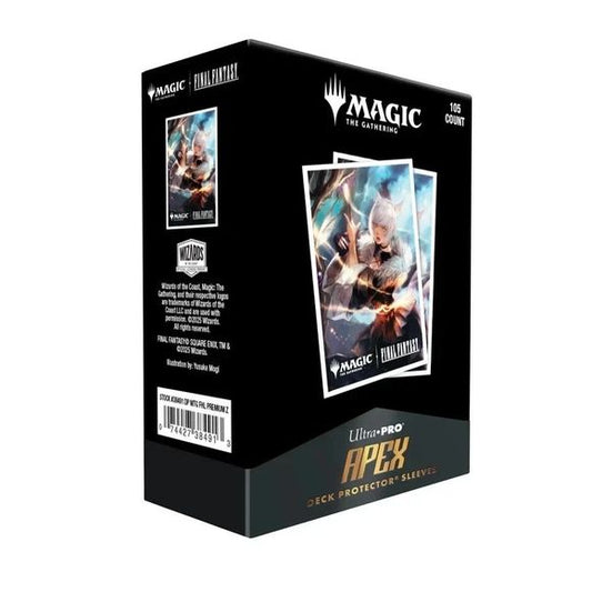 The 105ct APEX Deck Protector sleeves for Magic: The Gathering(R) --- FINAL FANTASY feature vibrant Final Fantasy - Universes Beyond art from the trading card game. Archival-safe polypropylene materials ensure you can sleeve your cards with confidence. Sized for standard size trading cards measuring 2.5 in. x 3.5 in. The gloss clear front lets your foil cards shine!