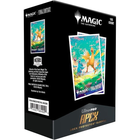 The 105ct APEX Deck Protector sleeves for Magic: The Gathering(R) --- FINAL FANTASY feature vibrant Final Fantasy - Universes Beyond art from the trading card game. Archival-safe polypropylene materials ensure you can sleeve your cards with confidence. Sized for standard size trading cards measuring 2.5 in. x 3.5 in. The gloss clear front lets your foil cards shine!