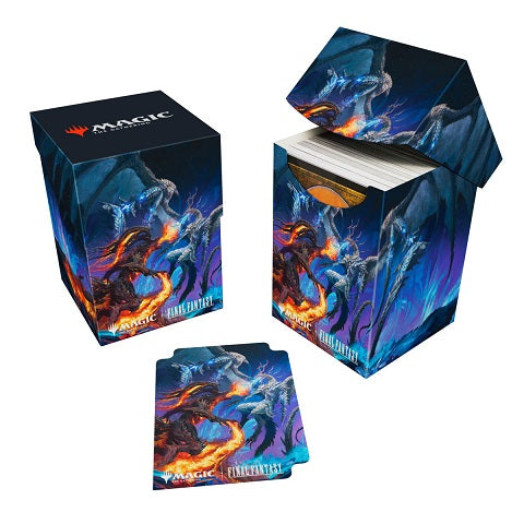 100+ Deck Boxes for Magic: The Gathering(R) --- FINAL FANTASY feature a vibrant, full-color artwork and includes a deck divider. Made with archival-safe, non-PVC, rigid polypropylene materials, you can store up to 100 double-sleeved cards with confidence. The self-locking lid keeps your cards securely stored when not in use, while also offering easy access. Sized for standard size trading cards.
