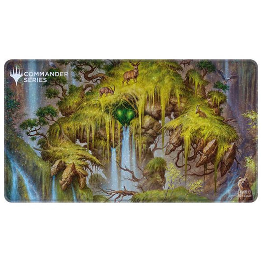 Holofoil Playmats featuring popular Magic: The Gathering artwork printed on a shimmering material with stitched edges. Made with a soft fabric top to reduce damage to cards during play and a non-slip rubber backing to keep the playmat from shifting during use, playmats enhance the gameplay experience. With dimensions of approximately 24 in. x 13.5 in., a playmat also makes an excellent oversize mousepad for home or office.