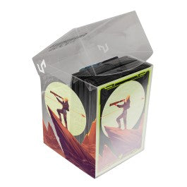 100ct Deck Protector Sleeves in Clear Box includes 100 Deck Protector sleeves, a transparent plastic 100+ Deck Box, and a deck divider, all featuring aligning artwork from Edge of Eternities. The sleeves are made using Ultra PRO's proprietary ChromaFusion technology to minimize delamination, and the 100+ Deck Box and divider are made from a clear rigid polypropylene material. All materials are non-PVC and archival-safe to provide premium protection.