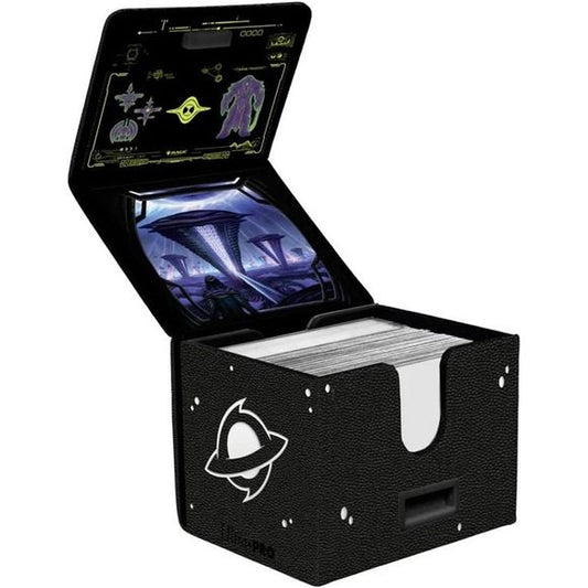 Premium Alcove Edge Deck Box with Interior Printings feature a stunning, spot foil and textured leatherette exterior finish with vibrant full color interior flap printing, strong magnetic closure, and dual thumb notches for easy access to your deck. This deck box holds up to 100 standard size trading cards double-sleeved in Ultra PRO Deck Protector sleeves.