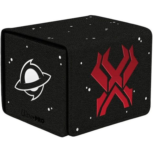 Premium Alcove Edge Deck Box with Interior Printings feature a stunning, spot foil and textured leatherette exterior finish with vibrant full color interior flap printing, strong magnetic closure, and dual thumb notches for easy access to your deck. This deck box holds up to 100 standard size trading cards double-sleeved in Ultra PRO Deck Protector sleeves.