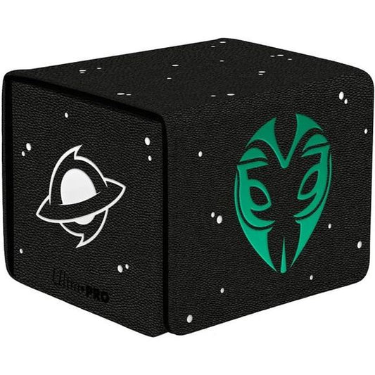 Premium Alcove Edge Deck Box with Interior Printings feature a stunning, spot foil and textured leatherette exterior finish with vibrant full color interior flap printing, strong magnetic closure, and dual thumb notches for easy access to your deck. This deck box holds up to 100 standard size trading cards double-sleeved in Ultra PRO Deck Protector sleeves.