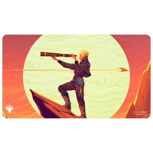 Playmats featuring popular Magic: The Gathering artwork. Made with a soft fabric top to reduce damage to cards during play and a non-slip rubber backing to keep the playmat from shifting during use, playmats enhance the gameplay experience. With dimensions of approximately 24 in. x 13.5 in., a playmat also makes an excellent oversize mousepad for home or office.