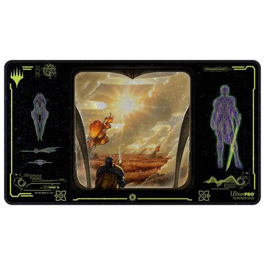 Holofoil Playmats featuring popular Magic: The Gathering artwork printed on a shimmering material with stitched edges. Made with a soft fabric top to reduce damage to cards during play and a non-slip rubber backing to keep the playmat from shifting during use, playmats enhance the gameplay experience. With dimensions of approximately 24 in. x 13.5 in., a playmat also makes an excellent oversize mousepad for home or office.