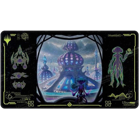 Holofoil Playmats featuring popular Magic: The Gathering artwork printed on a shimmering material with stitched edges. Made with a soft fabric top to reduce damage to cards during play and a non-slip rubber backing to keep the playmat from shifting during use, playmats enhance the gameplay experience. With dimensions of approximately 24 in. x 13.5 in., a playmat also makes an excellent oversize mousepad for home or office.