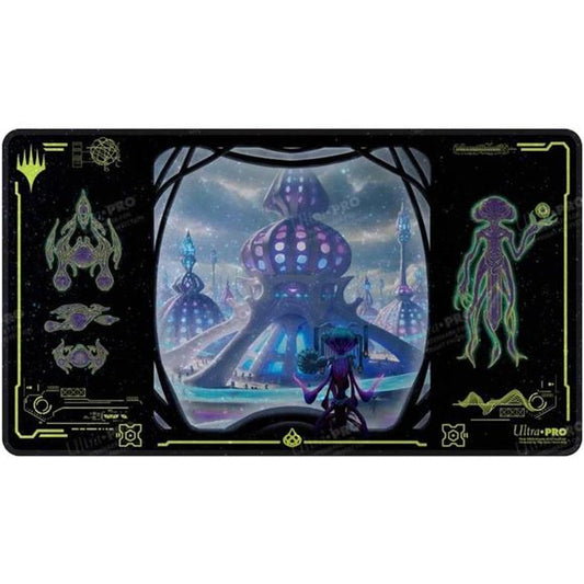 Holofoil Playmats featuring popular Magic: The Gathering artwork printed on a shimmering material with stitched edges. Made with a soft fabric top to reduce damage to cards during play and a non-slip rubber backing to keep the playmat from shifting during use, playmats enhance the gameplay experience. With dimensions of approximately 24 in. x 13.5 in., a playmat also makes an excellent oversize mousepad for home or office.