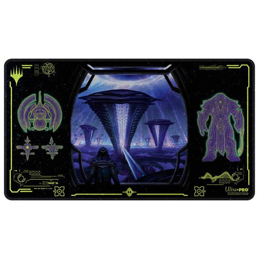 Holofoil Playmats featuring popular Magic: The Gathering artwork printed on a shimmering material with stitched edges. Made with a soft fabric top to reduce damage to cards during play and a non-slip rubber backing to keep the playmat from shifting during use, playmats enhance the gameplay experience. With dimensions of approximately 24 in. x 13.5 in., a playmat also makes an excellent oversize mousepad for home or office.