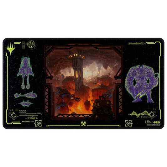 Holofoil Playmats featuring popular Magic: The Gathering artwork printed on a shimmering material with stitched edges. Made with a soft fabric top to reduce damage to cards during play and a non-slip rubber backing to keep the playmat from shifting during use, playmats enhance the gameplay experience. With dimensions of approximately 24 in. x 13.5 in., a playmat also makes an excellent oversize mousepad for home or office.