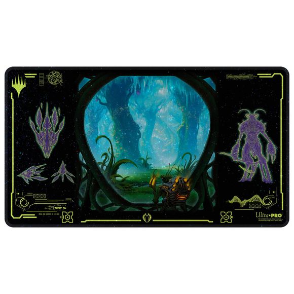 Holofoil Playmats featuring popular Magic: The Gathering artwork printed on a shimmering material with stitched edges. Made with a soft fabric top to reduce damage to cards during play and a non-slip rubber backing to keep the playmat from shifting during use, playmats enhance the gameplay experience. With dimensions of approximately 24 in. x 13.5 in., a playmat also makes an excellent oversize mousepad for home or office.