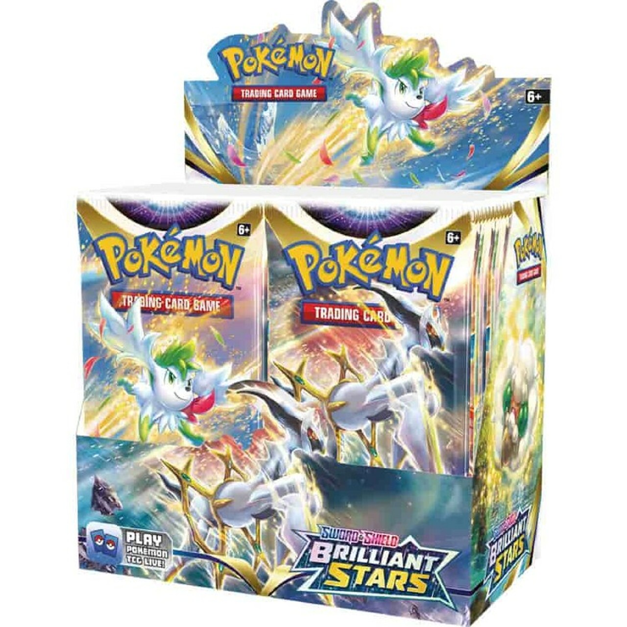 Constellations Align in a Show of Force! Overflowing with light, Arceus VSTAR descends from on high to share its celestial powers with other Pokémon V. Shaymin VSTAR, Charizard VSTAR, and Whimsicott VSTAR find themselves wielding awesome new VSTAR Powers, while Mimikyu VMAX, Aggron VMAX, and Kingler VMAX in its Gigantamax form boast tremendous strengths of their own. Discover glimmering constellations and start your journey toward stellar greatness in the Pokémon TCG: Sword & Shield—Brilliant Stars expansio
