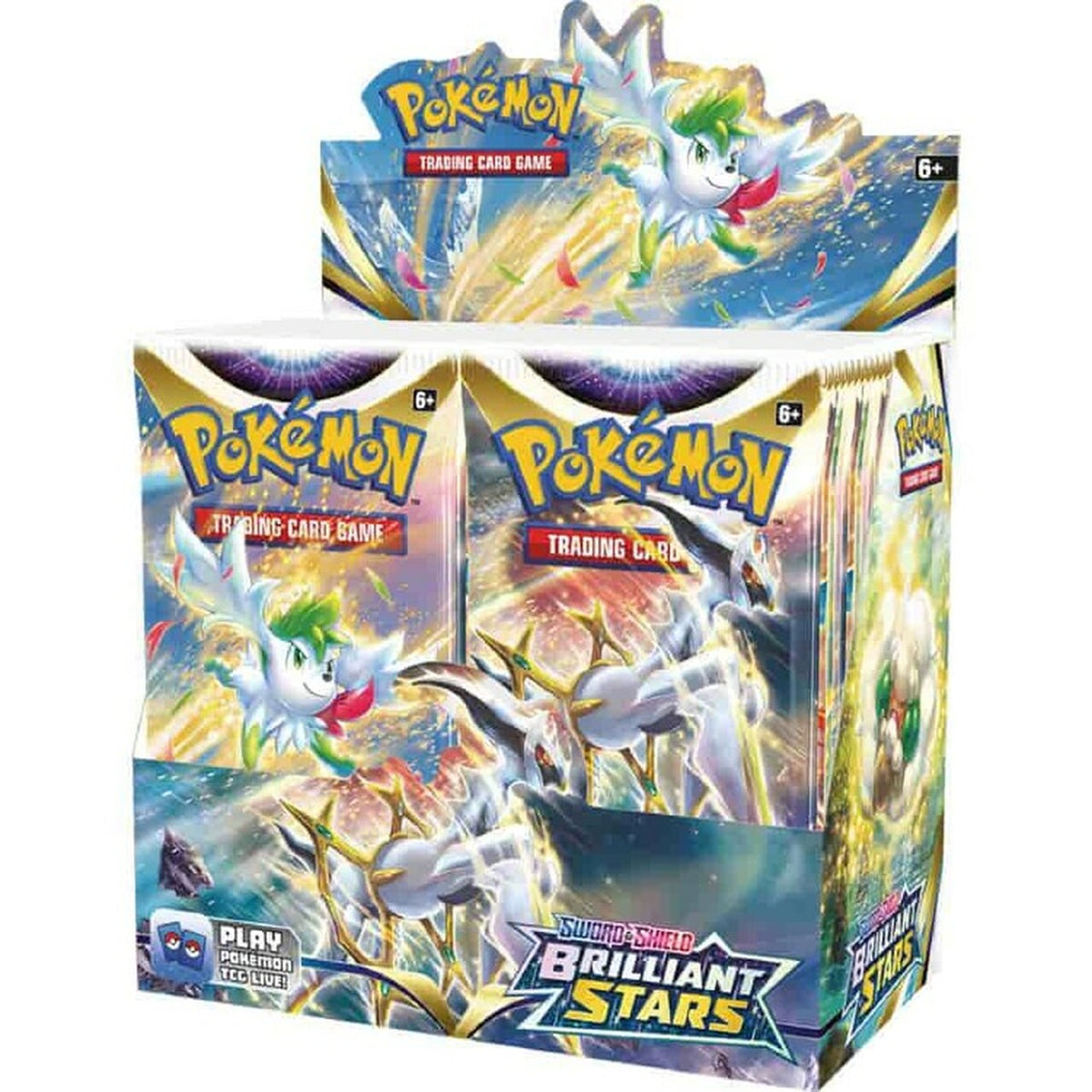 Constellations Align in a Show of Force! Overflowing with light, Arceus VSTAR descends from on high to share its celestial powers with other Pokémon V. Shaymin VSTAR, Charizard VSTAR, and Whimsicott VSTAR find themselves wielding awesome new VSTAR Powers, while Mimikyu VMAX, Aggron VMAX, and Kingler VMAX in its Gigantamax form boast tremendous strengths of their own. Discover glimmering constellations and start your journey toward stellar greatness in the Pokémon TCG: Sword & Shield—Brilliant Stars expansio