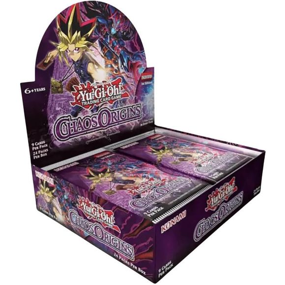he forces of light and darkness intertwine, OPENING THE GATES OF CHAOS! Get ready for the Duel of your life! Chaos Origins brings back the one-and-only legendary King of Games, with some of his favorite monsters from the original Yu-Gi-Oh! manga and anime! Featuring Yami Yugi on the pack and box, this new 100-card booster set reimagines monsters like Black Luster Soldier and Magician of Black Chaos, with powerful new effects designed to compete in today’s tournaments. Plus, FIVE frame-breaking extended art