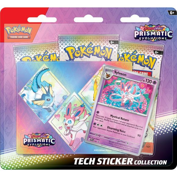 PRE-ORDER: Expected to ship in January 2025

Stick Together with Eevee Evolutions! Cute yet majestic, Eevee's three most recently discovered Evolutions should not be underestimated in battle! Join forces with Leafeon, Glaceon, or Sylveon as a foil promo card, then decorate your computer, tablet, or phone with durable tech stickers! You also get three booster packs from the special Scarlet & Violet- Prismatic Evolutions expansion, just waiting to be opened and added to your collection. The Pokemon TCG: Scarl