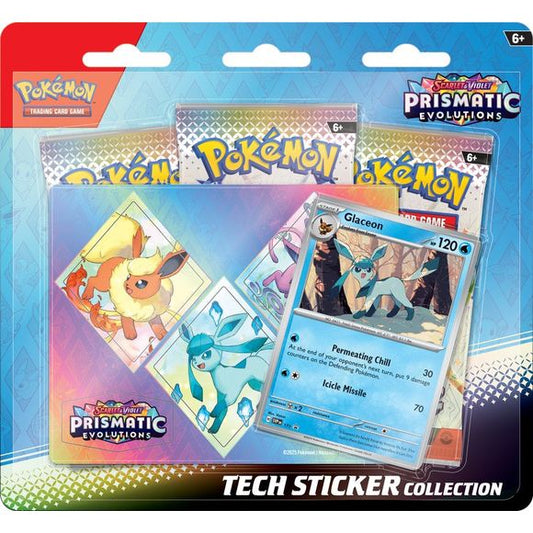 PRE-ORDER: Expected to ship in January 2025

Stick Together with Eevee Evolutions! Cute yet majestic, Eevee's three most recently discovered Evolutions should not be underestimated in battle! Join forces with Leafeon, Glaceon, or Sylveon as a foil promo card, then decorate your computer, tablet, or phone with durable tech stickers! You also get three booster packs from the special Scarlet & Violet- Prismatic Evolutions expansion, just waiting to be opened and added to your collection. The Pokemon TCG: Scarl