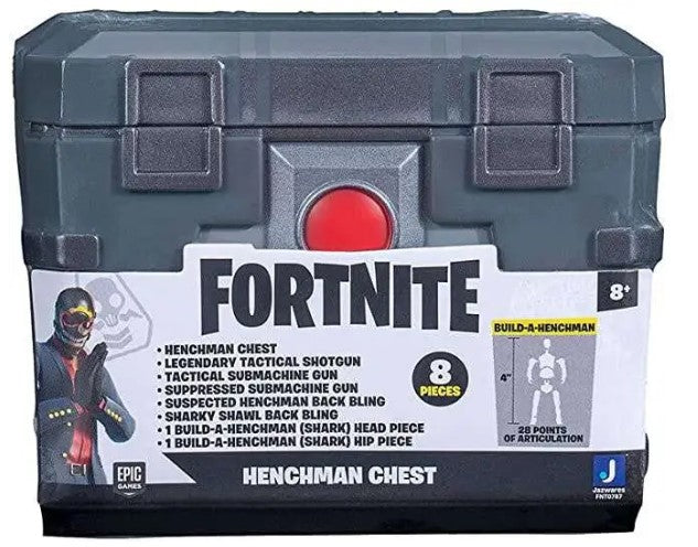 Bring the thrill of Battle Royale to life with the Henchman Chest Collectible Accessory Set Bundle. This 4-inch Fortnite collectible features incredible game-like details. Each Battle Royale accessory set is loaded with awesome collectible translucent weapons to add to your Fortnite locker. With Shark Henchman Build-A-Figure pieces, Rarity weapons, and Back Bling, this Fortnite Henchman Chest Accessory Set packs the perfect loadout for your 4-inch Fortnite action figures.