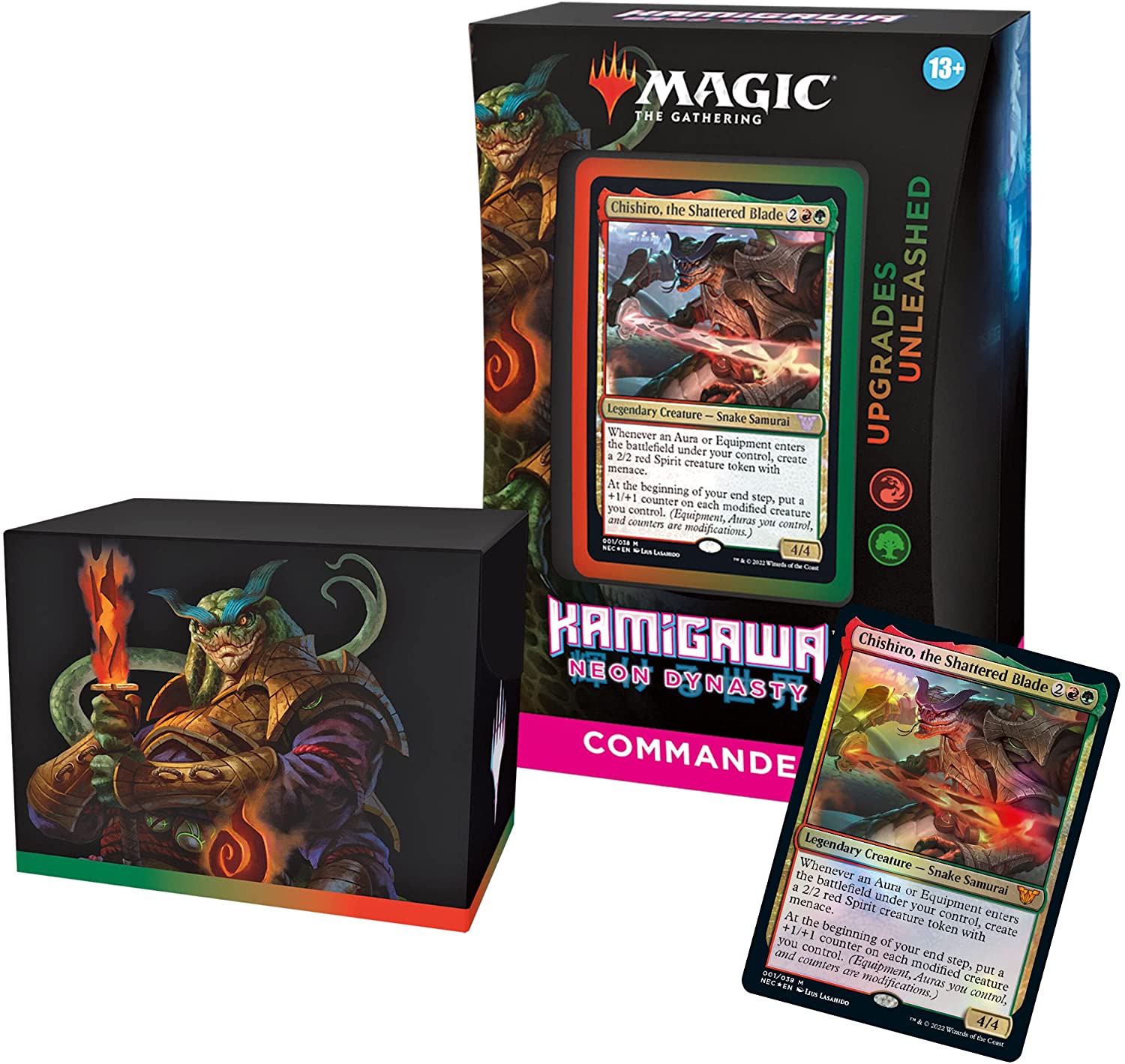 The Upgrades Unleashed Kamigawa: Neon Dynasty Commander Deck set includes 1 ready-to-play deck of 100 Magic cards (2 traditional foil, 98 nonfoil), 1 foil-etched Display Commander (a thick cardstock copy of the commander card with textured foil etched into the card’s border and art), 10 double-sided tokens, 1 deck box (can hold 100 sleeved cards), 1 life tracker, and 1 reference card.

Choose the Red-Green deck and hone your strength with Chishiro, the Shattered Blade. Chishiro likes to modify your creatu