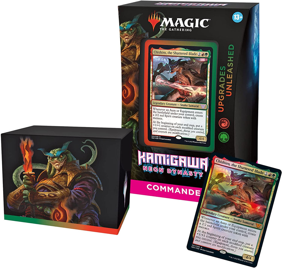 The Upgrades Unleashed Kamigawa: Neon Dynasty Commander Deck set includes 1 ready-to-play deck of 100 Magic cards (2 traditional foil, 98 nonfoil), 1 foil-etched Display Commander (a thick cardstock copy of the commander card with textured foil etched into the card’s border and art), 10 double-sided tokens, 1 deck box (can hold 100 sleeved cards), 1 life tracker, and 1 reference card.

Choose the Red-Green deck and hone your strength with Chishiro, the Shattered Blade. Chishiro likes to modify your creatu