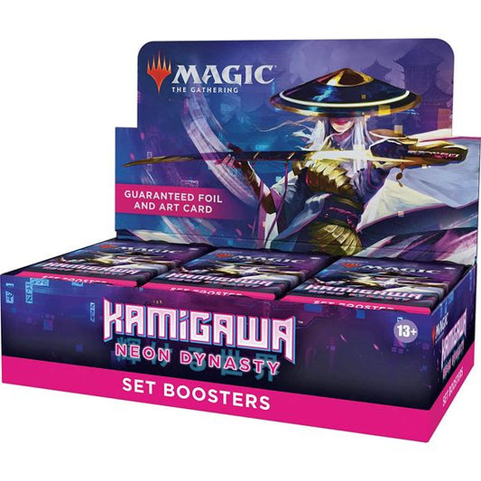 The Kamigawa: Neon Dynasty Set Booster Box contains 30 Kamigawa: Neon Dynasty Set Boosters. Each Set Booster contains 12 Magic cards, 1 Art Card, and 1 token, ad card, Helper card, or special card from Magic's history (a card from "The List"). Each pack contains a combination of 1–4 cards of rarity Rare or higher, 2–7 Uncommons, 3–8 Common cards, and 1 Land card. One non–Art Card and non–Land card of any rarity is traditional foil, the Land card is traditional foil in 21% of packs, and a foil-stamped Signat
