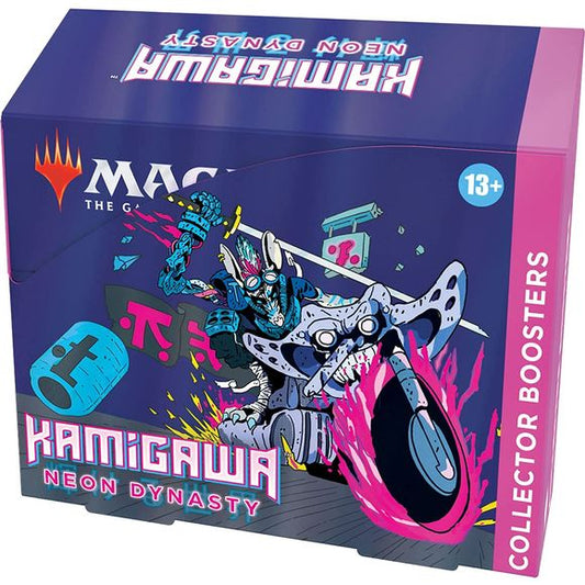 Enhanced with cutting-edge booster technology, the Kamigawa: Neon Dynasty Collector Booster Box contains 12 Kamigawa: Neon Dynasty Collector Boosters. Each Collector Booster contains 15 Magic: The Gathering cards and 1 traditional foil double-sided token, with a combination of 5 cards of rarity Rare or higher, 2–7 Uncommons, 2–7 Common cards, and 1 Land card. Every pack includes a total of 4–6 Showcase, 1–3 Extended-Art, and 0–3 Borderless cards, with 0–1 Neon Ink Foil or Foil-Etched card (Neon Ink Foil car