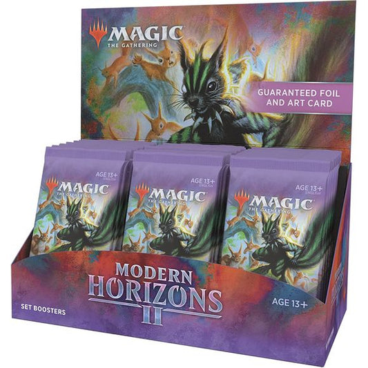 The Modern Horizons 2 Set Booster Box contains 30 Modern Horizons 2 Set Boosters. Each Set Booster contains 12 Magic cards, 1 Art Card, and 1 token, ad card, or special card from Magic's history (a card from "The List"), with a combination of 1–4 Rares and/or Mythic Rares, 6–10 Uncommon and Commons (max. of 8 may be Common), and 1 Land card. One non-Art Card of any rarity is a traditional foil. A foil Retro-Frame Fetch Land appears in less than 1% of boosters, and a foil-stamped Signature Art Card replaces
