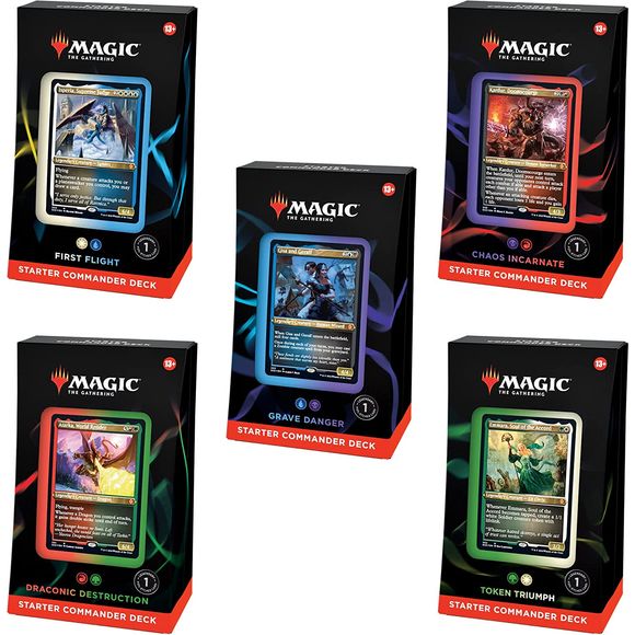 This bundle includes all 5 Magic: The Gathering Starter Commander Deck sets—First Flight, Grave Danger, Chaos Incarnate, Draconic Destruction, and Token Triumph. Each Starter Commander Deck set contains 1 ready-to-play deck of 100 Magic cards—with 1 foil-etched, alternate-art legendary commander card and 99 nonfoil cards, including lands—10 double-sided tokens, 1 deck box, punchout counters, 1 insert with strategy advice for the deck, a summary of the rules for playing Commander, and 1 reference card for gu