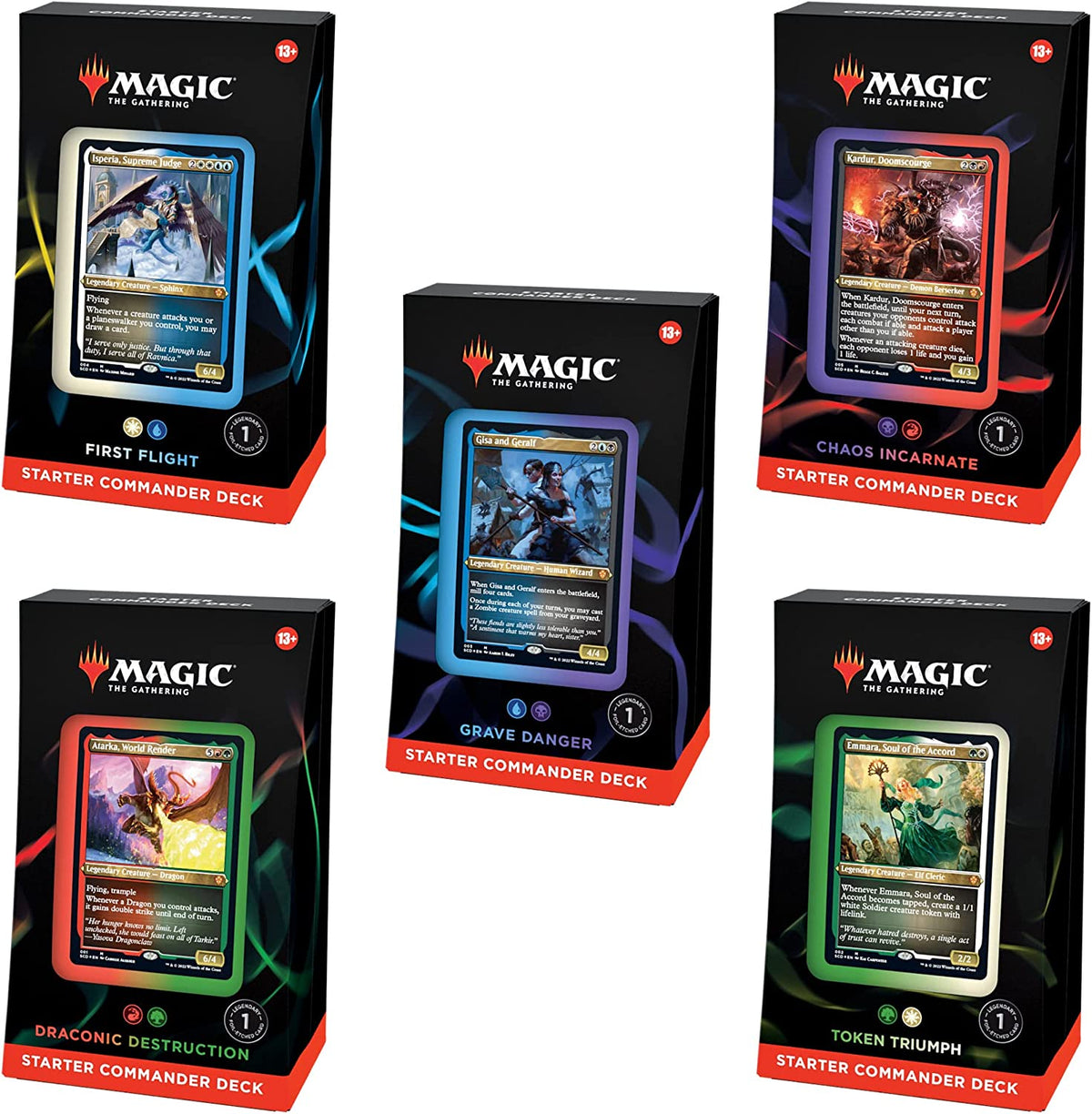 This bundle includes all 5 Magic: The Gathering Starter Commander Deck sets—First Flight, Grave Danger, Chaos Incarnate, Draconic Destruction, and Token Triumph. Each Starter Commander Deck set contains 1 ready-to-play deck of 100 Magic cards—with 1 foil-etched, alternate-art legendary commander card and 99 nonfoil cards, including lands—10 double-sided tokens, 1 deck box, punchout counters, 1 insert with strategy advice for the deck, a summary of the rules for playing Commander, and 1 reference card for gu