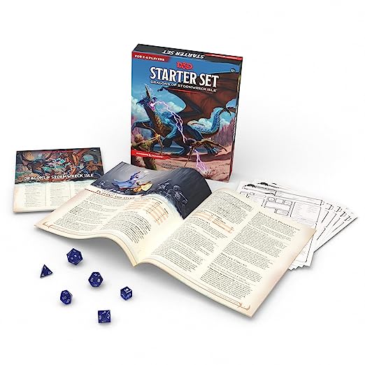 The Dungeons & Dragons Starter Set: Dragons of Stormwreck Isle is your gateway to action-packed adventures in the cooperative storytelling game Dungeons & Dragons, where heroes battle monsters, find treasure, and undertake epic quests. This box contains the essential rules of the game plus everything you need to play heroic characters caught up in an ancient war among dragons as they explore the secrets of Stormwreck Isle.

THIS SET INCLUDES:
48-page adventure booklet with everything you need to get started