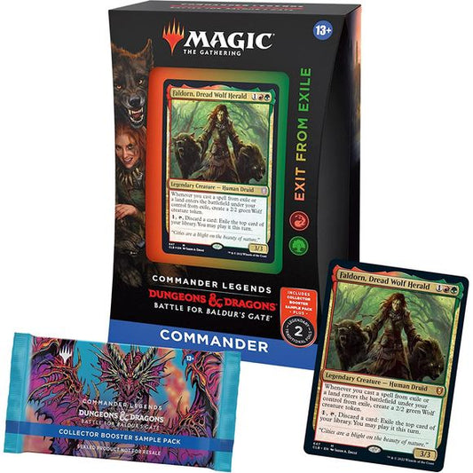 100-card ready-to-play Commander Legends: Battle for Baldur’s Gate Commander deck—Exit from Exile
2-card Collector Booster Sample Pack
Red-Green deck—includes 3 traditional foils + 97 nonfoil cards
1 foil-etched Display Commander, 10 double-sided tokens + life tracker and deck box
Introduces 10 MTG cards not found in the main CLB set
Go beyond the battlefield—gather strength in exile, then return with a whole pack of wolves by your side