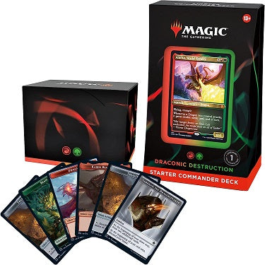 Welcome to Commander, Magic's most popular multiplayer format! With this Magic: The Gathering Starter Commander Deck Draconic Destruction (Red-Green), battle opponents with powerful creatures and spells! This set includes 1 Red-Green deck of 100 Magic cards—with 1 foil-etched, alternate-art legendary commander card and 99 nonfoil cards, including Lands—10 two-sided tokens, a deck box, and punchout counters.