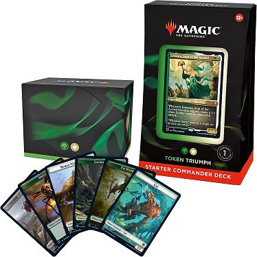 Welcome to Commander, Magic's most popular multiplayer format! With this Magic: The Gathering Starter Commander Deck Token Triumph (Green-White), battle opponents with powerful creatures and spells! Every deck is built around a legendary creature, or commander. Ally yourself with the elf Emmara and cover the battlefield with an army of tokens. Protect them as they multiply, then wipe out foes with a single attack. The last player standing wins! This set includes 1 Green-White deck of 100 Magic cards—with 1