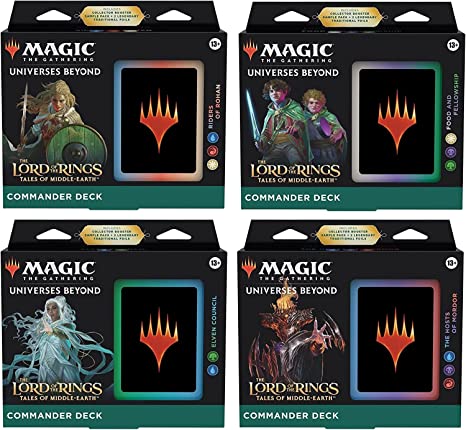 PRE-ORDER: Release Date 06/23/2023

The beloved story and characters of The Lord of the Rings meet the thrilling gameplay of Magic: The Gathering in this The Lord of the Rings-themed Commander Deck. Try out Magic’s most popular format with a deck that’s ready to play right out of the box and fight for the fate of Middle-earth.
This The Lord of the Rings: Tales of Middle-earth Commander Deck set includes 4 (1 of each) ready-to-play deck of 100 Magic cards (2 Traditional Foil Legendary Creature cards, 98 nonf