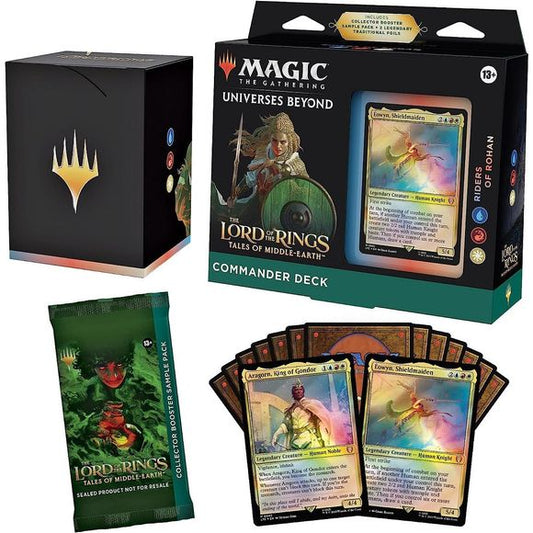 The beloved story and characters of The Lord of the Rings meet the thrilling gameplay of Magic: The Gathering in this The Lord of the Rings-themed Commander Deck. Try out Magic’s most popular format with a deck that’s ready to play right out of the box and fight for the fate of Middle-earth. The Lord of the Rings: Tales of Middle-earth Riders of Rohan Commander Deck set includes 1 ready-to-play Blue-Red-White deck of 100 Magic cards (2 Traditional Foil Legendary Creature cards, 98 nonfoil cards), a 2-card C