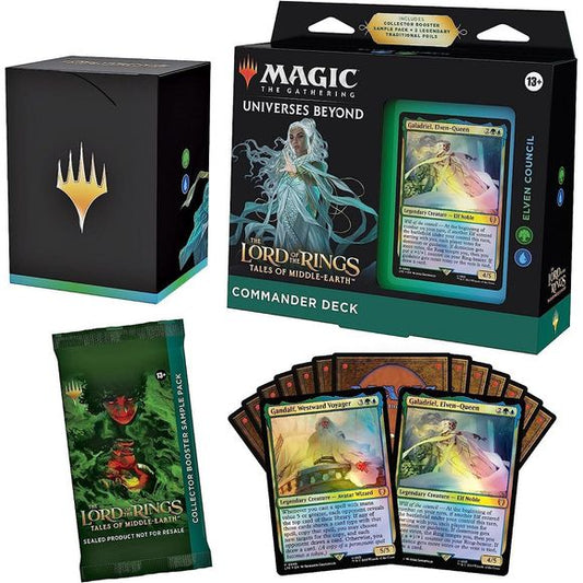 The beloved story and characters of The Lord of the Rings meet the thrilling gameplay of Magic: The Gathering in this The Lord of the Rings-themed Commander Deck. Try out Magic’s most popular format with a deck that’s ready to play right out of the box and fight for the fate of Middle-earth. The Lord of the Rings: Tales of Middle-earth Elven Council Commander Deck set includes 1 ready-to-play Green-Blue deck of 100 Magic cards (2 Traditional Foil Legendary Creature cards, 98 nonfoil cards), a 2-card Collect