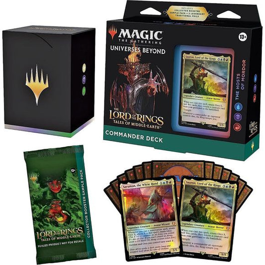 The beloved story and characters of The Lord of the Rings meet the thrilling gameplay of Magic: The Gathering in this The Lord of the Rings-themed Commander Deck. Try out Magic’s most popular format with a deck that’s ready to play right out of the box and fight for the fate of Middle-earth. The Lord of the Rings: Tales of Middle-earth The Hosts of Mordor Commander Deck set includes 1 ready-to-play Blue-Black-Red deck of 100 Magic cards (2 Traditional Foil Legendary Creature cards, 98 nonfoil cards), a 2-ca