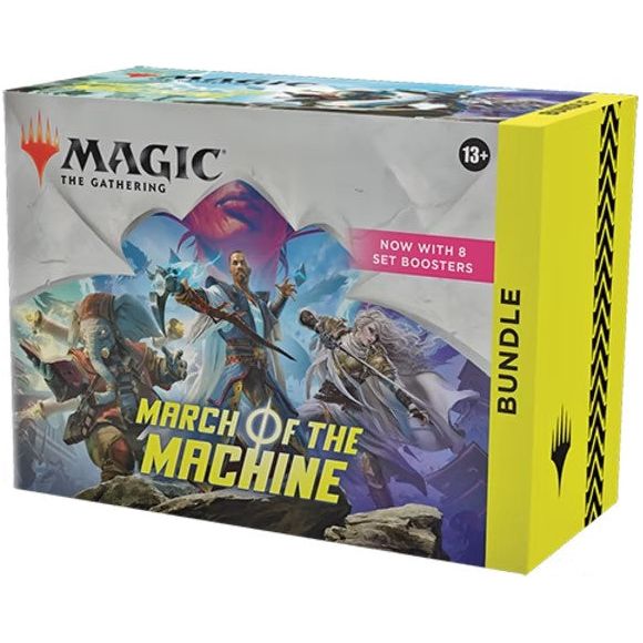 The March of the Machine Bundle contains 8 March of the Machine Set Boosters-the best boosters to open just for fun-plus accessories, with 1 traditional foil alternate-art promo card, 40 basic lands (20 traditional foils and 20 nonfoils), 1 oversized Spindown life counter, 1 card storage box, and 2 reference cards. Each Set Booster contains 12 Magic cards, 1 Art Card, and 1 token/ad card, Helper card, or card from "The List" (a special card from Magic's history-found in 25% of packs). Every pack includes a